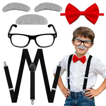 Imagem de Paradi star Conjunto de 6 peças de fantasia de velho para crianças, 100 dias de escola, acessórios de vovô, óculos, sobrancelhas, bigode, suspensório, gravata borboleta para meninos, cosplay de