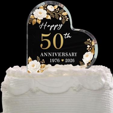 Imagem de Topo de bolo de aniversário de casamento dourado 50 anos, bloco de acrílico coração de peônia, decoração de bolo elegante de 50º aniversário e presente de lembrança para casais (10 cm)