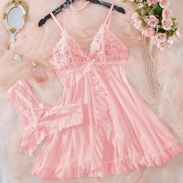 Imagem de Vestido De Dormir Elegante Rosa Com Decote Em V, Camisola De Seda Femi