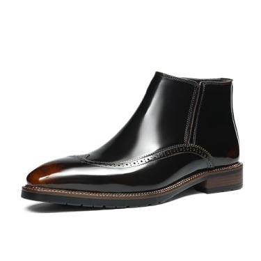 Imagem de Botas masculinas Wingtip Brogue Chelsea com zíper lateral, cabedal de couro legítimo, botas de cano curto formais para homens, Marrom, 10.5