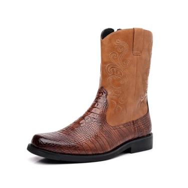 Imagem de Botas masculinas caubói com zíper lateral, bico quadrado, padrão de crocodilo, couro PU, cano médio, botas ocidentais com patchwork e bordado, Marrom, 40