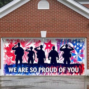 Imagem de Decoração de faixa de porta de garagem, grande decoração de capa de páscoa interna externa para casa, pano de fundo de festa de férias à prova d'água para varanda, quintal, parede (exército patriótico