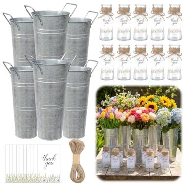 Imagem de Patelai 16 peças de decoração de mesa de casamento, 6 vasos de metal, 10 vasos de vidro, 1 corda de cânhamo, 15 etiquetas de presente, casa de fazenda, flores francesas, balde, suporte de flores para