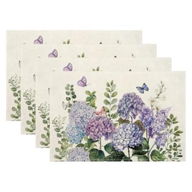 Imagem de Jogo americano de primavera, 30 x 45 cm, conjunto de 4, azul violeta, hortênsia, floral, retangular, decoração de flores sazonais, tapetes de mesa para festa, cozinha de casa, decoração de mesa de