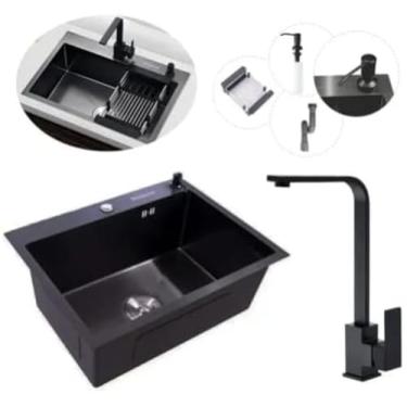 Imagem de Cuba Pia Inox Preta Quadrada Cozinha Gourmet + Torneira Slim