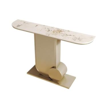 Imagem de Mesa de console moderna com topo de mármore sintético, entrada moderna com base de metal para sala de estar, lado do sofá, corredor de TV (branco, grande)