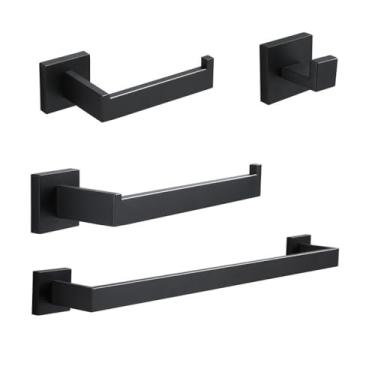Imagem de Conjunto de acessórios de acessórios de banheiro preto fosco gancho de roupão cabide toalheiro barra suporte de papel de seda aço inoxidável, conjunto de 4 peças