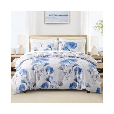 Imagem de Conjunto de capa de edredom elegante para todas as estações com estampa floral azul e fronhas (EUA solteiro (173 x 229 cm)