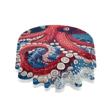 Imagem de Qilmy Toalha de mesa redonda de palmeira de treliça verde, 152 cm, resistente à água, à prova de derramamento, capa de mesa grande para jantar de reunião de família em ambientes internos e externos