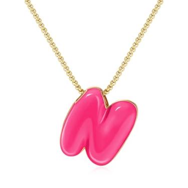 Imagem de KissYan Colar com letras de bolha, banhado a ouro 14 K, pingente de caixa com inicial de balão colorido, joia delicada para presente, Adjustable, Cobre, Sem Pedra Preciosa