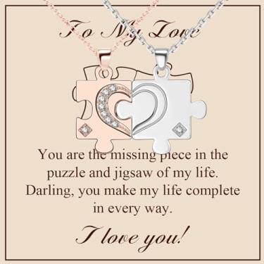 Imagem de FANCIBAND Colar combinando com pingente de quebra-cabeça para casais, colar de aço inoxidável para namorada/namorado, Natal, Dia dos Namorados, presentes de casamento para casal, Medium, Aço