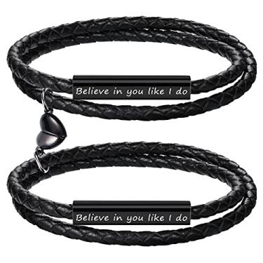 Imagem de Pulseiras de casal para mulheres presentes para homens presentes de aniversário de casamento para namorado namorada pulseira combinando 2 peças presente de couro de promessa gravada joia de Natal, Metal, Sem pedras preciosas