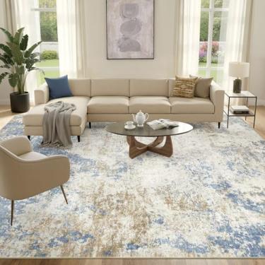 Imagem de Nakagishi Tapete abstrato moderno lavável para sala de estar, 25 x 30 cm, azul e marrom