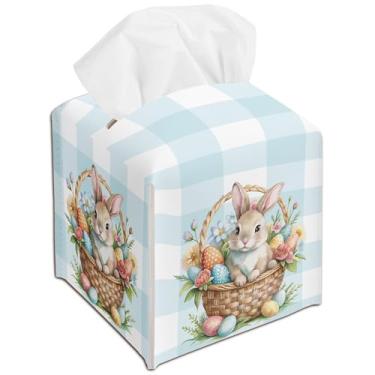Imagem de Porta-caixa de lenços de papel de coelho da Páscoa - capa de caixa de lenços de couro xadrez azul organizador decorativo para banheiro, cozinha, quarto, carro, bancada, mesa de cabeceira - decoração