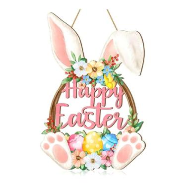 Imagem de Guirlanda de madeira para porta de coelhinho da Páscoa, placa de boas-vindas de ovo de flor de coelho vazada para porta da frente, decoração de parede de primavera para casa, interior e exterior