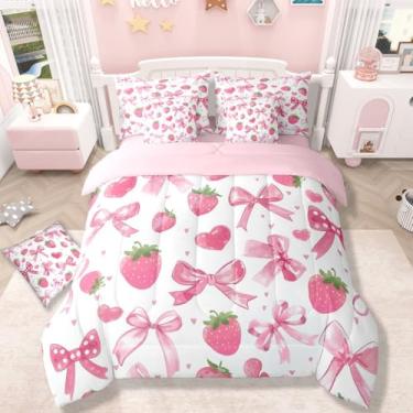 Imagem de Conjunto de cama casal com laço de aquarela, 7 peças, cama de morango em uma bolsa com edredom, lençóis, fronhas, estilo princesa sonhadora, respirável, conjunto de edredom com lençol