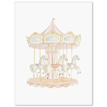 Imagem de Carrossel de aquarela rosa arte de parede moda bonito pôster em tela infantil vintage infantil meninas impressões estéticas para berçário sala de jogos decoração de parede 30,5 x 40,6 cm sem moldura