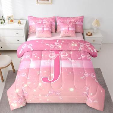Imagem de Feelyou Conjunto de edredom com laço rosa fofo Grils 7 peças, solteiro, com glitter, para crianças, meninos, meninas, personalizado, com inicial J, para decoração de quarto, microfibra macia e