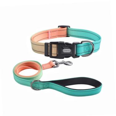 Imagem de Olahibi Conjunto de coleira de cachorro, cor gradiente, com tiras refletivas de segurança, coleira combinando de 1,5 m, alça acolchoada de neoprene, ajustável em 4 tamanhos para cães pequenos, médios