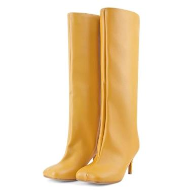 Imagem de VOZTOLLS Botas femininas de camurça na altura do joelho para mulheres bico quadrado bico largo salto agulha botas longas de salto alto, Lichia amarela, 41