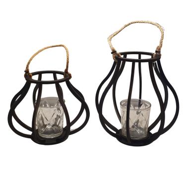 Imagem de Kit 2 Lanternas Porta Velas em Madeira Preta, Vidro e Sisal