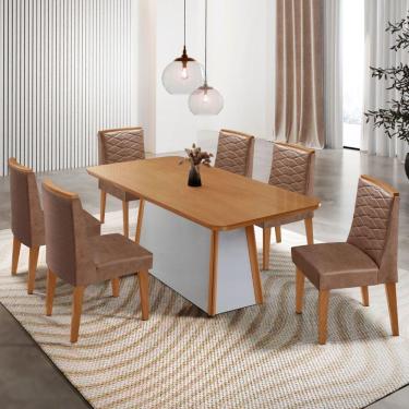 Imagem de Mesa De Jantar Diane 180cm Tampo Mdf Lam 6 Cadeiras Eloise Moderna Tork Naturale Off White
