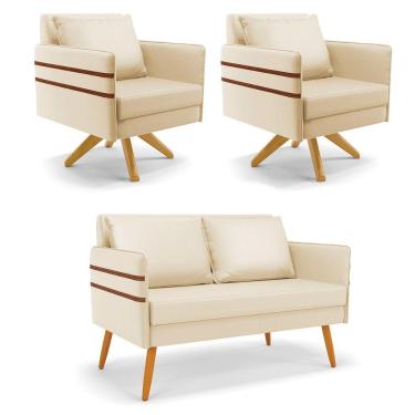 Imagem de Kit 01 Namoradeira 02 Lugares E 02 Poltronas Mari Corino Bege Base De Madeira Ma30 - D'Rossi