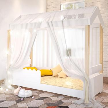 Imagem de Cama Jéssica Solteiro Branco Com Voal Branco E Led