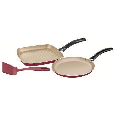 Imagem de Jogo Frigideira Bistequeira Tramontina Turim Verm Aluminio Rev. Int. Bege Ant. c/Esp. 3Pçs 20298739