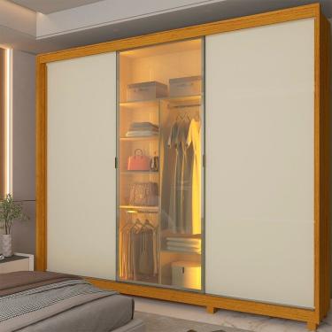 Imagem de Guarda-roupa Casal 3 Portas com 1 Porta Reflecta com Led com Pés 100% Mdf Platinum Naturale/Off White