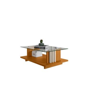 Imagem de Mesa de Centro Frizz 90cm com Tampo de Vidro e Prateleira Cinamomo e Off White Liberty Móveis