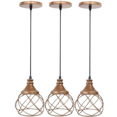 Imagem de 3 Pendentes Aramado  Cobre Rose Gold Lustre Luminária Teto Regulável Sala Cozinha