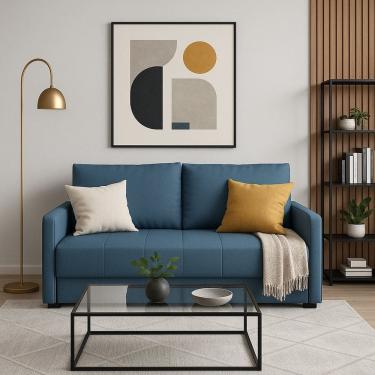 Imagem de Sofá-cama 154cm Retrátil Reclinável Linho Pés Madeira Isis Azul