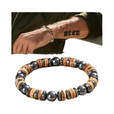 Imagem de Pulseira Masculina De Contas De Madeira Lava Com Hematita, Joia De Ped