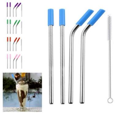 Imagem de Canudos Aço Inox Milk Shake Silicone 7mm kit 4 Reutilizaveis - AB MIDI
