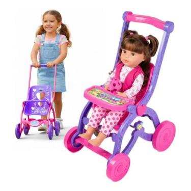 Imagem de Carrinho de Boneca Baby Car 60cm de Empurrar Infantil Rosa Brinquemix,