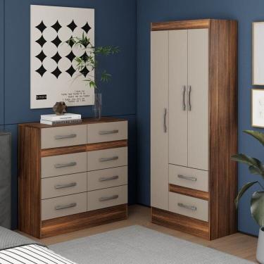 Imagem de Quarto Completo Guarda-roupa 3 Portas e 2 Gavetas e Cômoda 8 Gavetas Castanho/off-white