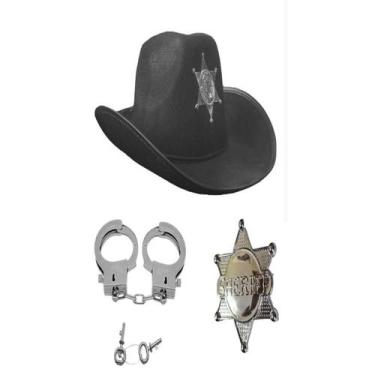 Imagem de Kit fantasia xerife chapeu distintivo algema infantil festa junina - M