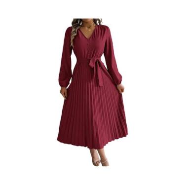 Imagem de Vestido Feminino Elegante Com Botões, Decote Em V, Manga Longa, Plissa