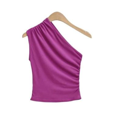 Imagem de Camisola Feminina De Um Ombro Só Irregular Sem Mangas Sexy Lisa Casual