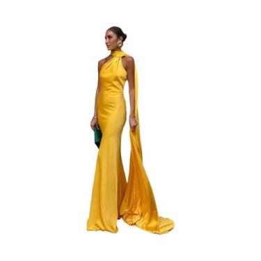 Imagem de Vestido Feminino Sexy De Cetim Com Decote Halter, Costas Nuas E Sem Ma