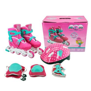 Imagem de Patins Unitoys In Line Infantil Feminino C/ Kit Proteção, 30-33