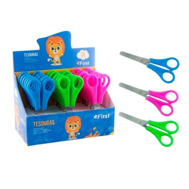 Imagem de Tesoura Escolar Inox 13cm sem Pontas com Escala Caixa com 24 Unidades Cabos Coloridos