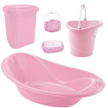 Imagem de Kit Banheira do bebê 5 Peças Adoleta Banheira 20l Lixeira Balde, Rosa
