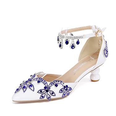 Imagem de Sandália feminina de prata média de baixo perfil salto tornozelo salto alto feminino escritório sapatos de casamento brancos, Azul, 8