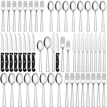 Imagem de Conjunto de talheres com 48 peças, conjunto de talheres de aço inoxidável da CEKEE, incluindo garfos, colheres e facas de bife, serviço para 8, utensílios de cozinha polidos espelhados, utensílios de mesa, pode ser lavado na lava-louças
