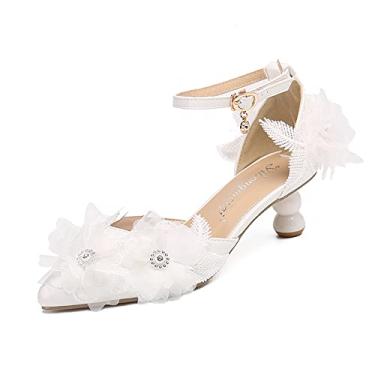 Imagem de Sandálias femininas de salto alto de renda branca sapatos de casamento vestidos de noiva, Branco, 8