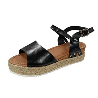 Imagem de Sandálias de verão femininas moda retrô com fivela peep sandálias sandálias de tira dedo do pé verão feminino, Preto, 10
