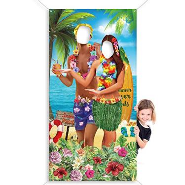 Imagem de Aloha havaiana decorações de festa luau casal suporte de foto, tecido gigante havaiano luau Photo Booth Background, Luau Funny Luau Couple Photo Door Banner for Luau Party or Beach Party Supplies Favors, 6 x 3 ft