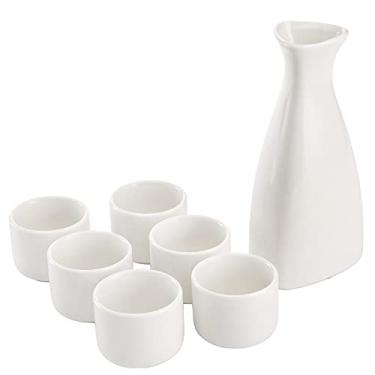 Imagem de Tosnail Conjunto de saquê japonês de cerâmica com 7 peças, 1 garrafa de servir e 6 xícaras - branco